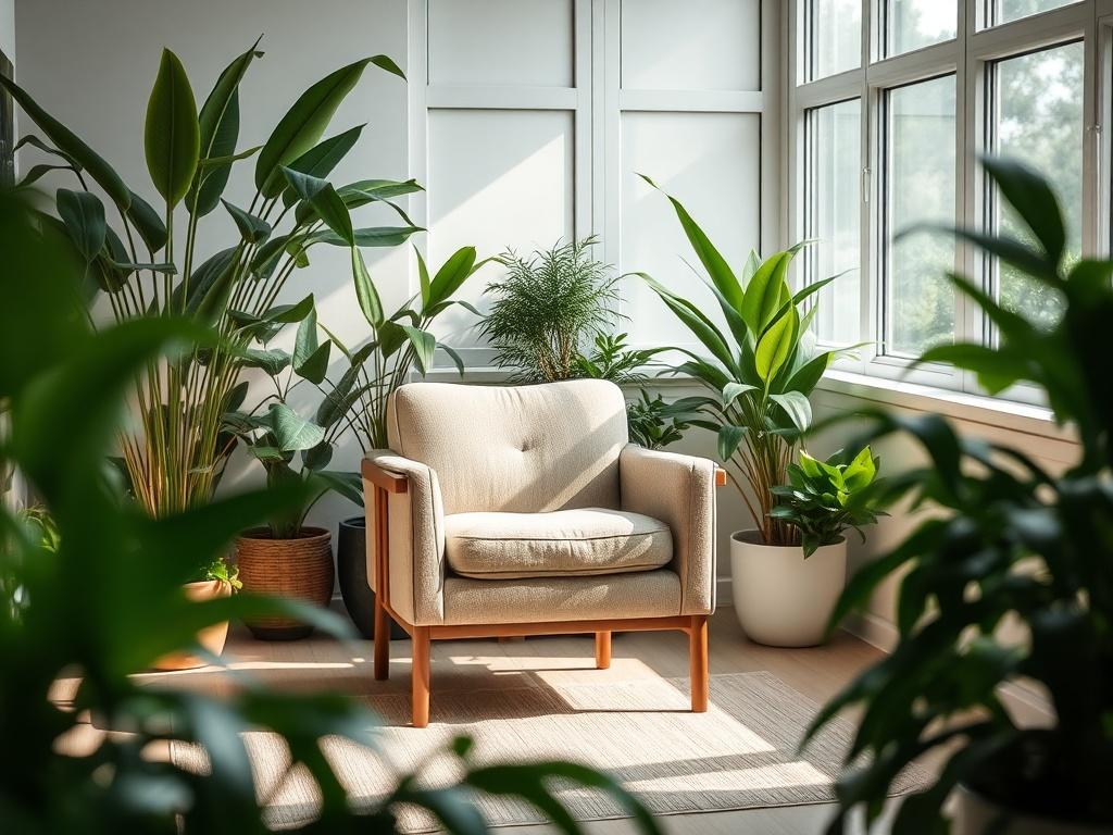 A close-up shot of a serene therapy room with comfortable seating, plants, and natural light streaming in. The setting should evoke feelings of safety and calm, focusing on a single plush chair surrounded by greenery, emphasizing a minimalist design with soothing colors.