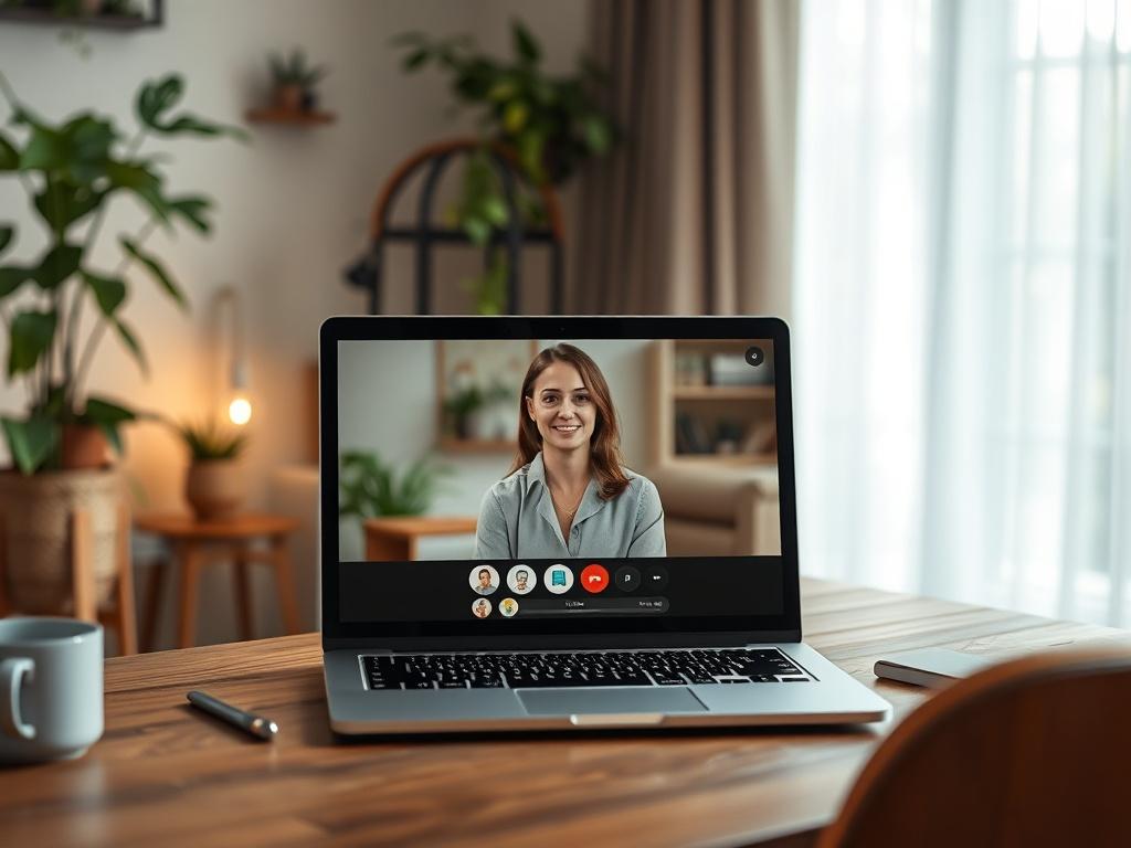 A cozy home office setting with a laptop open on a desk, displaying a video call interface. The background features soft lighting, houseplants, and a comfortable chair, creating an inviting atmosphere for remote therapy.