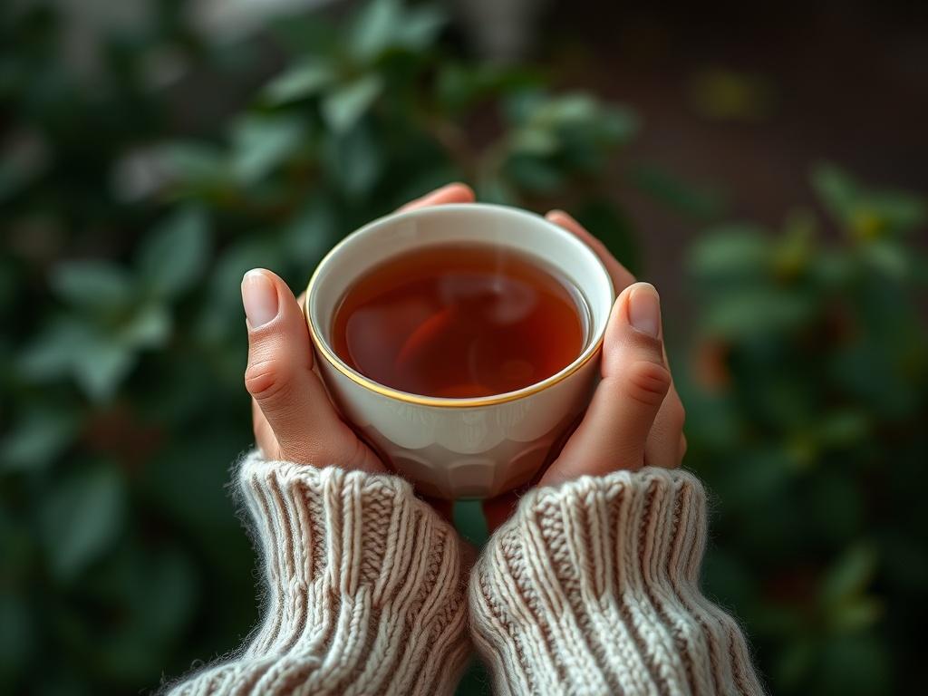 A close-up shot of hands holding a steaming cup of tea, symbolizing comfort and self-care. The background should be softly blurred with greenery, creating a warm and inviting atmosphere that resonates with tranquility.