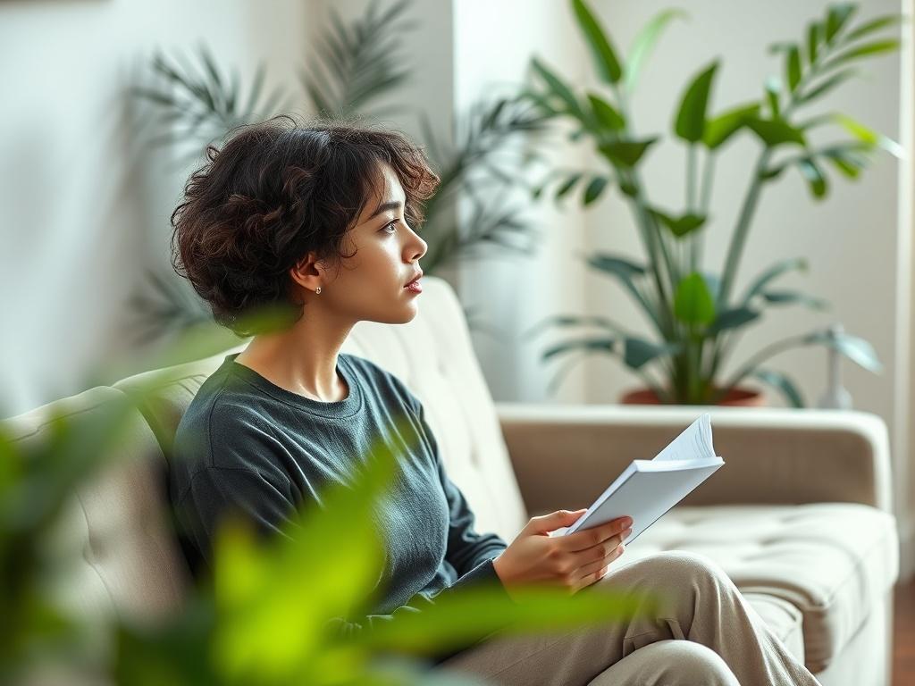 A serene therapist's office with plants and natural light. A young adult sitting on a comfortable couch, looking contemplative, with a notepad in hand. The background features soft green elements, creating a calming atmosphere.