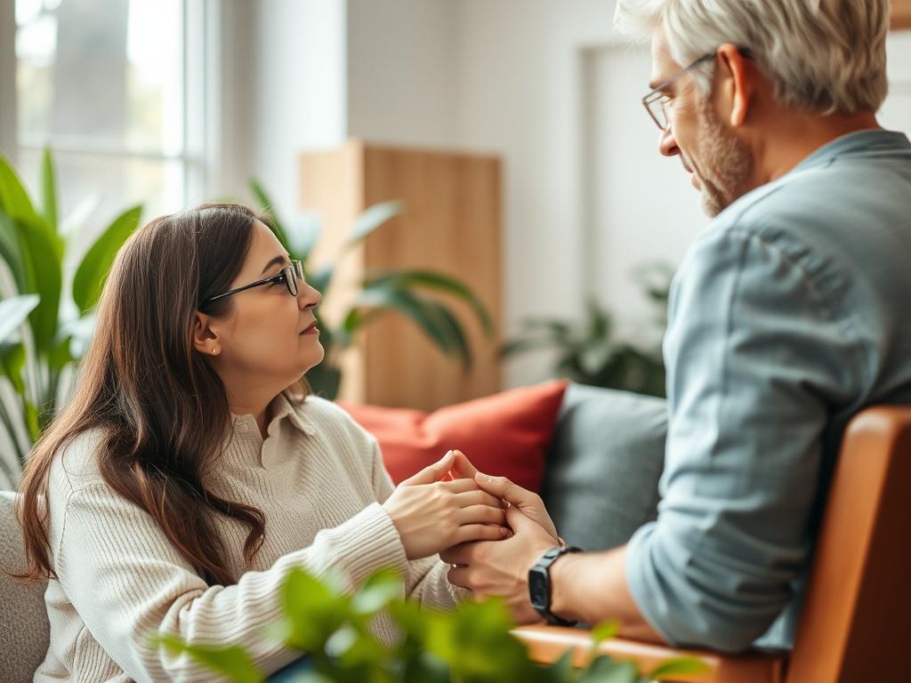 A therapist and client engaging in a warm conversation in a cozy setting, with greenery in the background. The focus is on their connection, capturing a moment of understanding and empathy.
