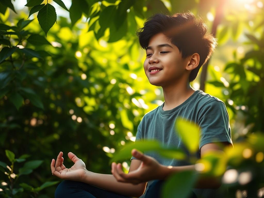 A young individual meditating outdoors surrounded by lush greenery, looking peaceful and content. The sunlight filters through the leaves, enhancing the tranquil atmosphere. Focus on natural elements and a sense of calm.