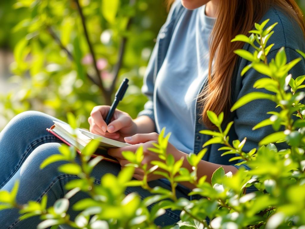 A serene outdoor scene featuring a person sitting peacefully in nature, writing in a journal. Bright green foliage surrounds them, symbolizing growth and self-reflection, emphasizing the importance of taking time for self-care.