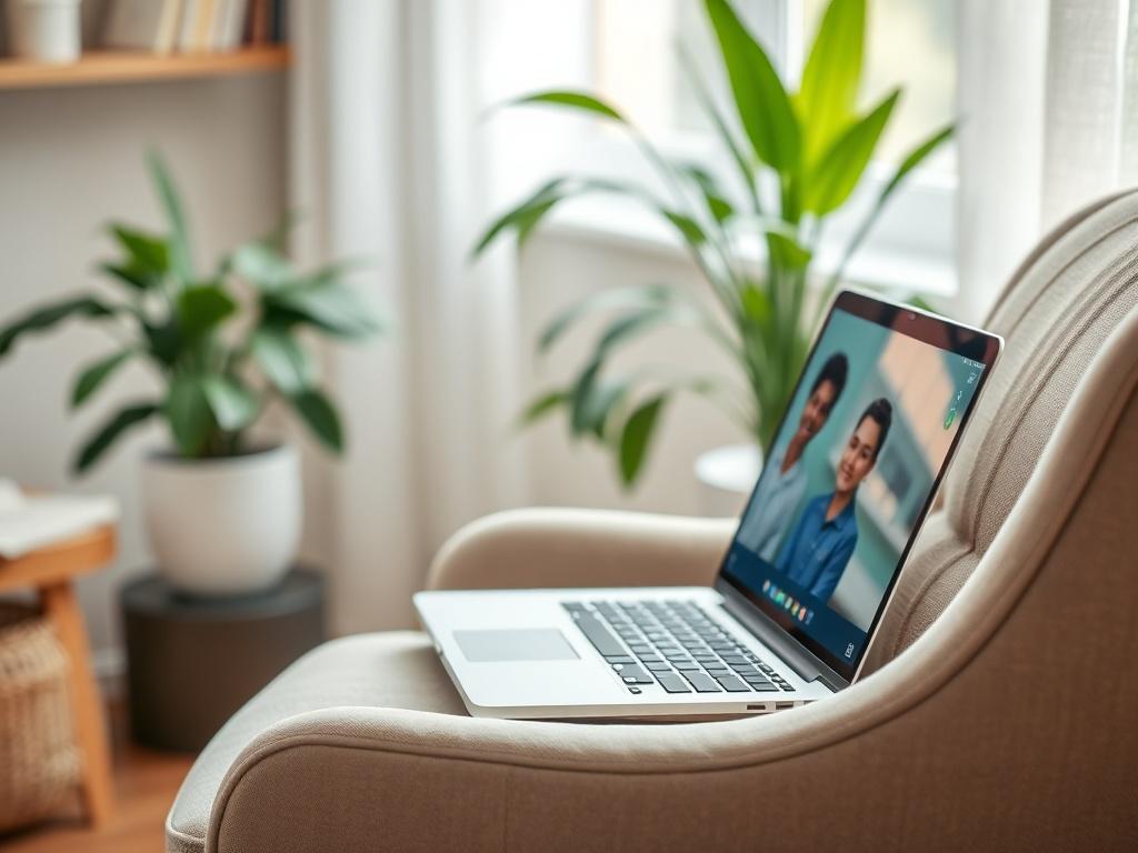 A cozy home office setup with a comfortable chair and a laptop open, displaying a virtual therapy session. The background features soft green plants and a calming atmosphere, emphasizing relaxation and accessibility in a telehealth context.