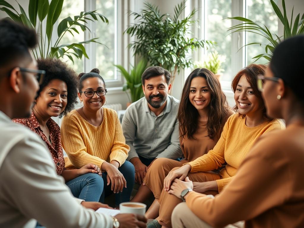 A diverse group of individuals of different ages sitting in a circle, engaged in a supportive therapy session. The environment is warm and inviting, filled with natural light and greenery, showcasing inclusivity and connection.