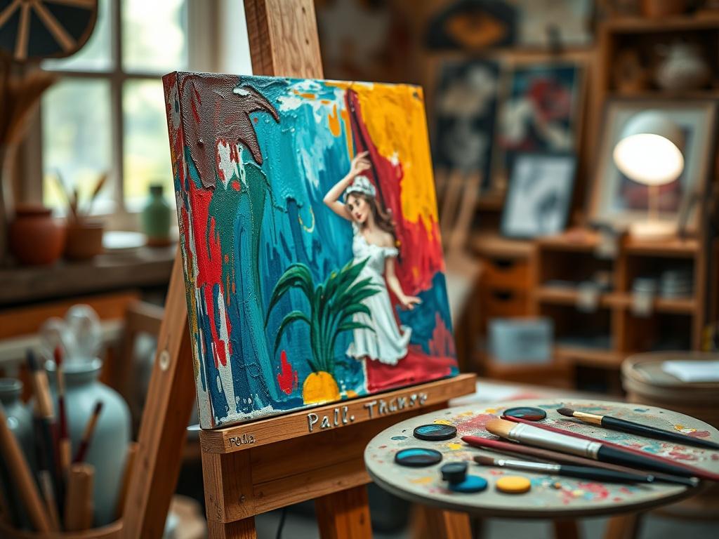 A close-up shot of a traditional artist's workspace featuring a partially finished painting on an easel. The painting shows vibrant colors and intricate details, with unfinished areas, particularly in the background. The scene is well-lit, highlighting the artist's tools like brushes and palette, creating an inviting atmosphere of creativity. The background should be softly blurred, focusing on the artwork and tools, with a warm color palette that complements the primary color rgb(50, 170, 39).