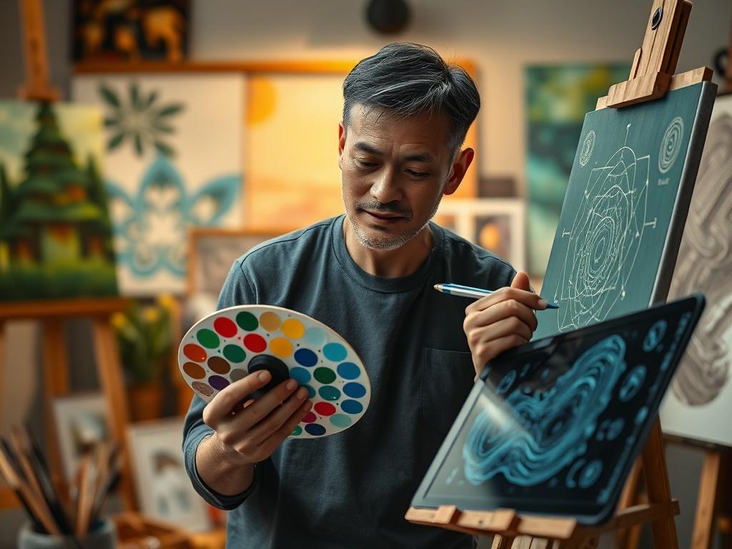 **Prompt for AI Image Generator:**

Create a highly detailed, realistic high-resolution photo that captures the essence of the blog titled "Exploring AI in Fine Art." The composition should be simple and clear, focusing on a single subject: an artist working intently on a canvas, blending traditional painting techniques with innovative digital tools. 

Position the artist centrally, showcasing their focused expression, with a palette of vibrant colors in one hand and a stylus in the other, emphasizing their