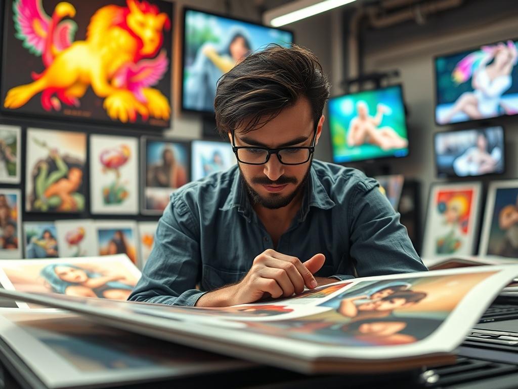 A realistic high-resolution photo of a professional artist in a modern studio, surrounded by vibrant AI-generated artwork, focusing intently on a high-quality print being produced. The background should showcase various print materials and digital screens displaying artwork. The lighting should be warm, highlighting the details of the prints and the artist's expression. The composition should emphasize the artist's hands working on the print, captured with a 45mm f/1.2 lens style.