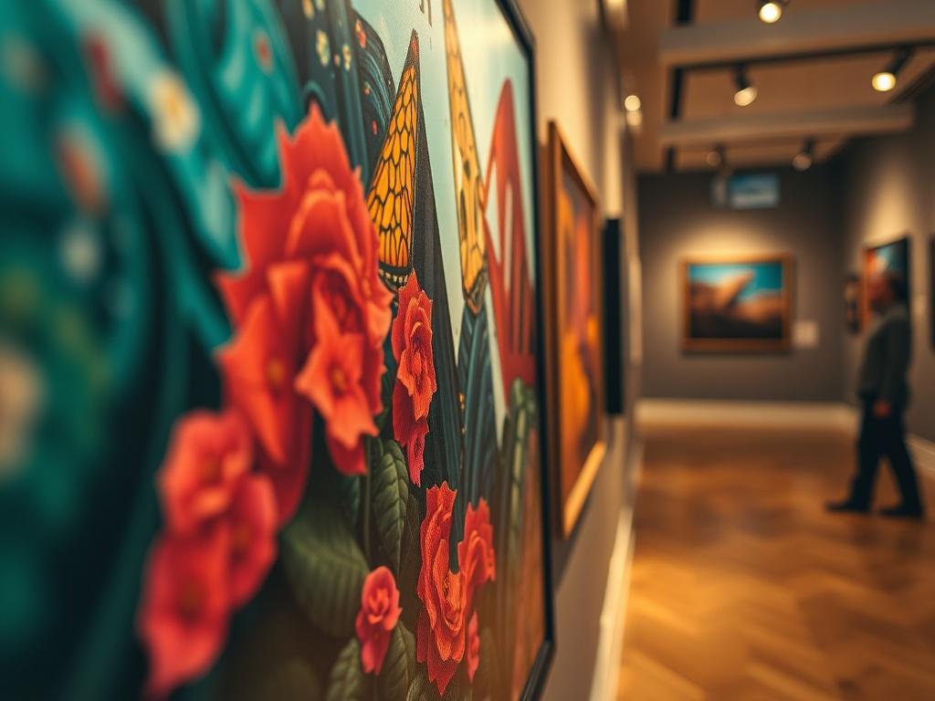 A close-up shot of a high-quality, detailed AI-generated fine-art print displayed in a gallery setting. The print showcases vibrant colors and intricate details, emphasizing the importance of high resolution. The background is softly blurred, highlighting the artwork in focus. The lighting is warm and inviting, creating an atmosphere typical of an art gallery. The image captures the essence of a fine-art experience, demonstrating the contrast between high-quality prints and lower-resolution images.