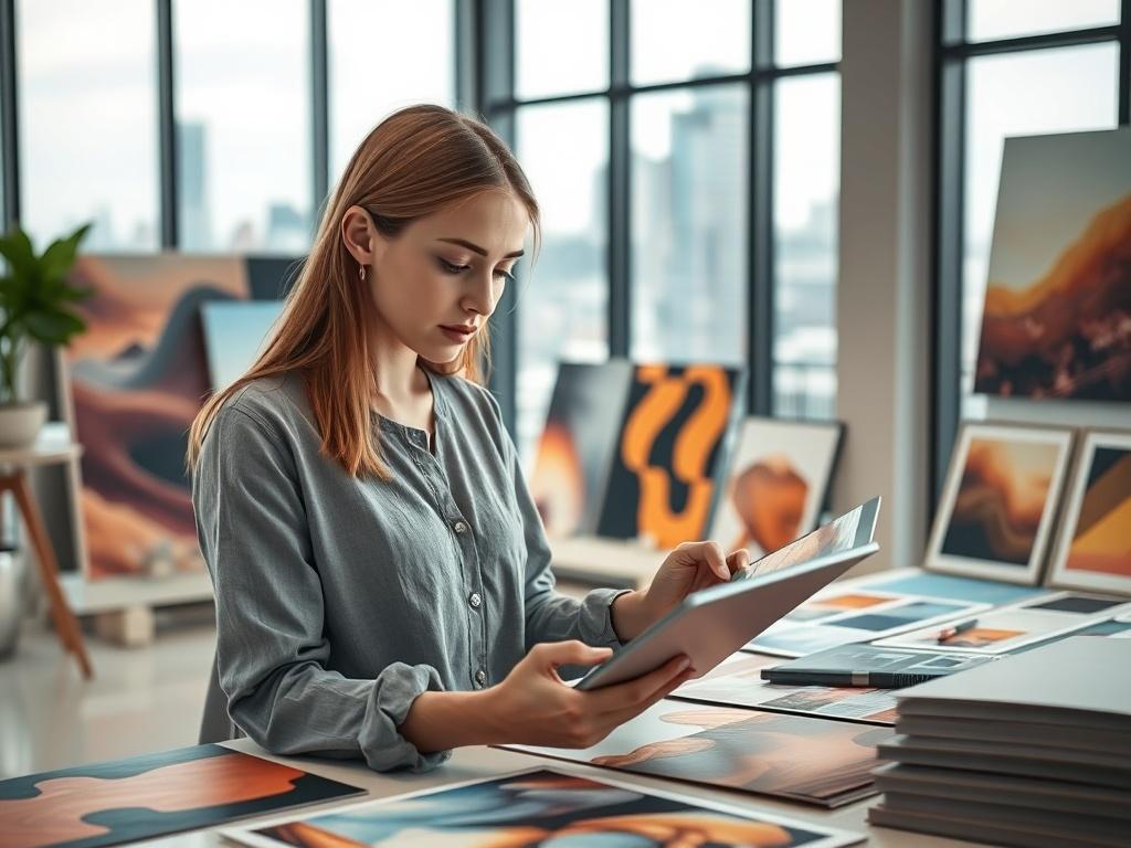 A realistic high-resolution photo of an interior designer at work, focusing on a sleek, modern workspace filled with vibrant AI-generated artworks. The designer, a young woman with a thoughtful expression, is reviewing art pieces on a digital tablet, surrounded by samples of textures and colors. The background features a well-lit room with large windows showcasing a cityscape, emphasizing creativity and innovation in design. The composition is simple and clear, with the designer as the central subject.