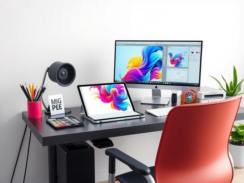 A high-resolution image of a digital artist's workspace, showcasing a vibrant digital artwork on a tablet screen, with a clean and minimalistic background. Include tools like a stylus, color palettes, and a computer with design software open, emphasizing the creative process. The setting should have bright, bold colors that reflect the artistic theme, with soft lighting to highlight the details of the artwork.