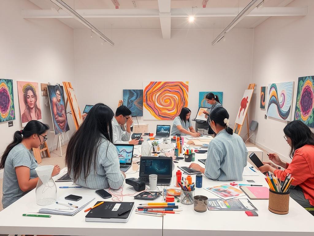 A realistic high resolution of a dynamic art workshop in