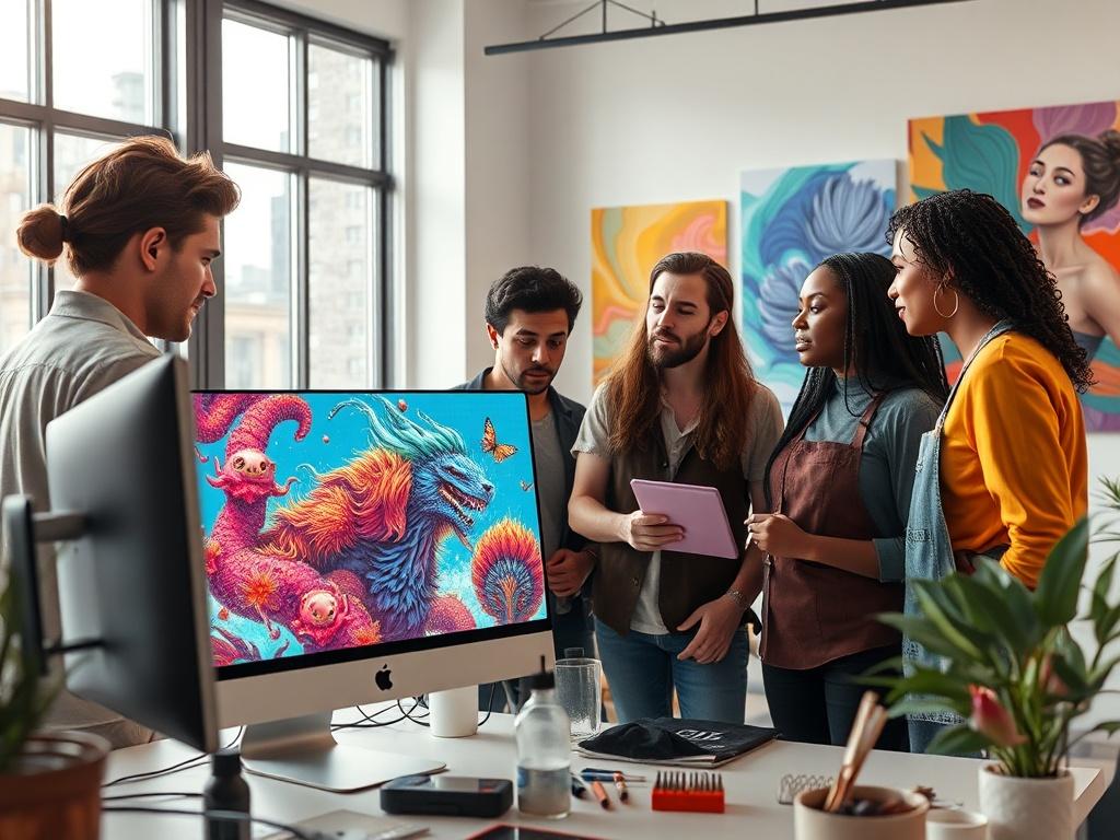 A realistic high resolution of a diverse group of artists