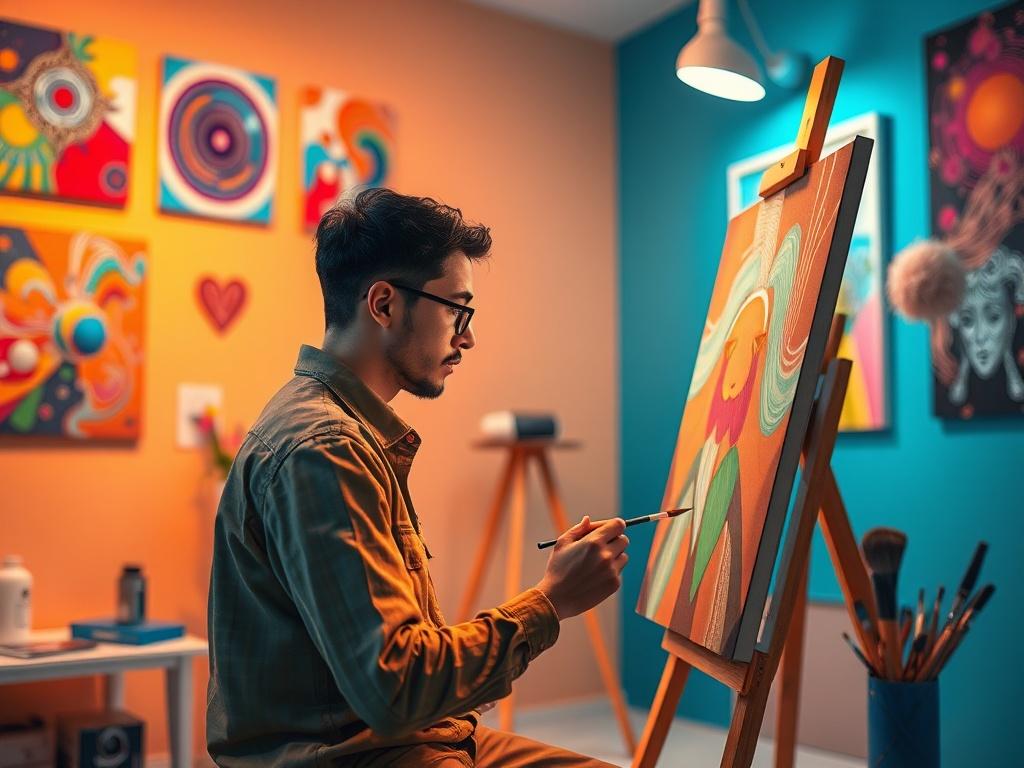 An artist focused on their digital canvas, surrounded by vibrant