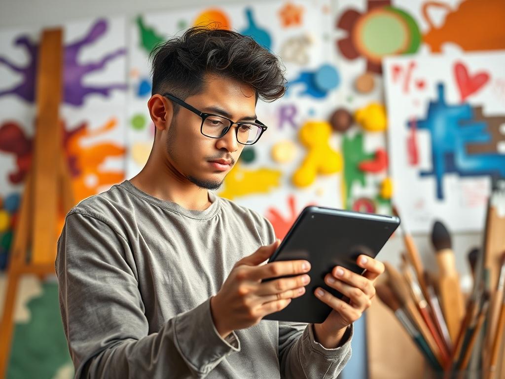 An artist reviewing feedback on their artwork with a digital