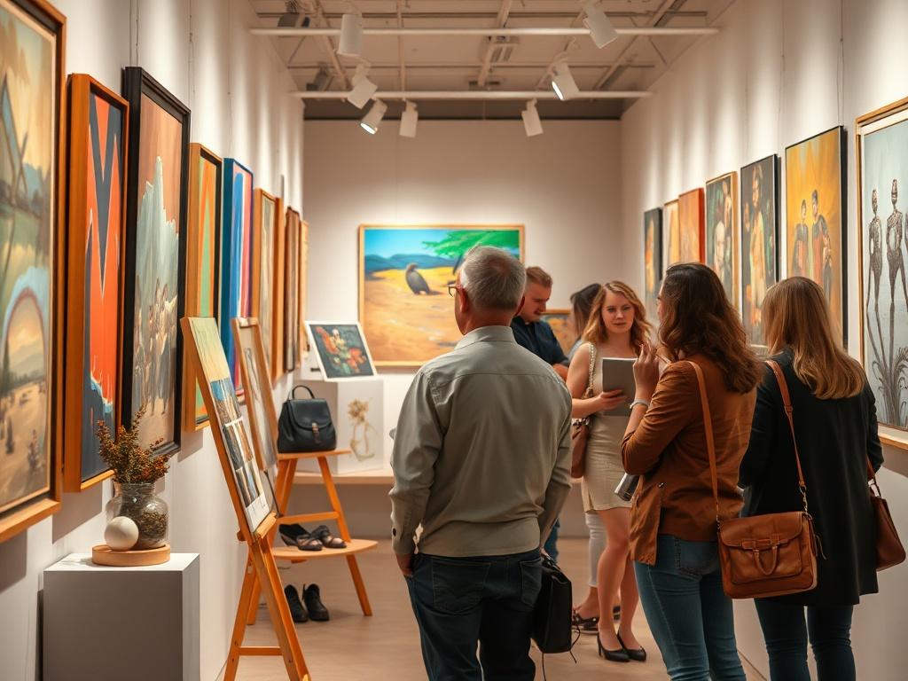 A dynamic scene showing an artist interacting with collectors at