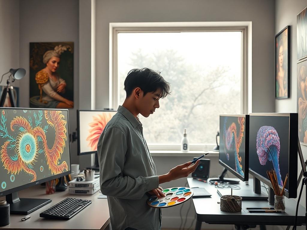 Create a realistic high-resolution photo that visually represents the theme "The Rise of AI in Fine Art." The single subject of the image should be a modern artist in their studio, surrounded by computer screens displaying intricate digital artwork created by AI. The artist, a young adult of ambiguous ethnicity, is intently examining the screen, with a palette of vibrant colors in their hand, showcasing the blend of traditional and digital art techniques. 

The background should feature clean, minimalistic 