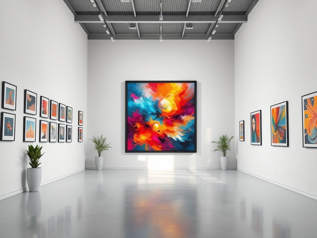 A modern art gallery interior, showcasing vibrant, framed artwork on white walls. The gallery should feature minimalistic design, with clean lines and natural light streaming through large windows, highlighting the artwork. The focus should be on a single captivating painting that exemplifies creativity and innovation, set against a sleek, contemporary backdrop.