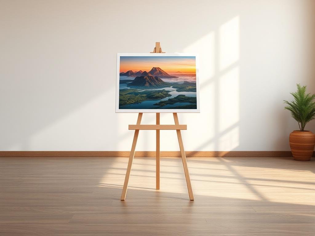 **AI Image Generation Prompt:**

Create a stunning high-resolution photo of a single Digitograph™ print displayed on a clean, minimalist easel in an inviting, soft-lit gallery setting. The artwork should showcase a beautifully rendered AI-generated landscape scene that features bold, vibrant colors and intricate details, embodying the essence of a new fine-art medium. 

In the background, use a softly blurred, neutral-toned gallery wall to enhance focus on the artwork, while maintaining a simple and clear c