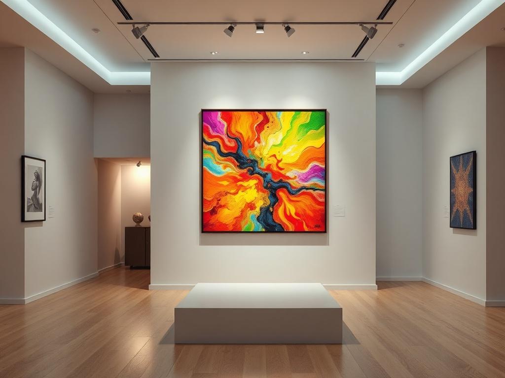 A realistic high-resolution image of a gallery exhibition showcasing vibrant AI-generated artwork. The gallery should have clean lines and minimalistic design, with a focus on a single striking piece of art prominently displayed. The background should feature an elegant space with subtle lighting that enhances the colors and details of the artwork. The composition should be simple, highlighting the artwork while evoking a sense of sophistication and creativity.