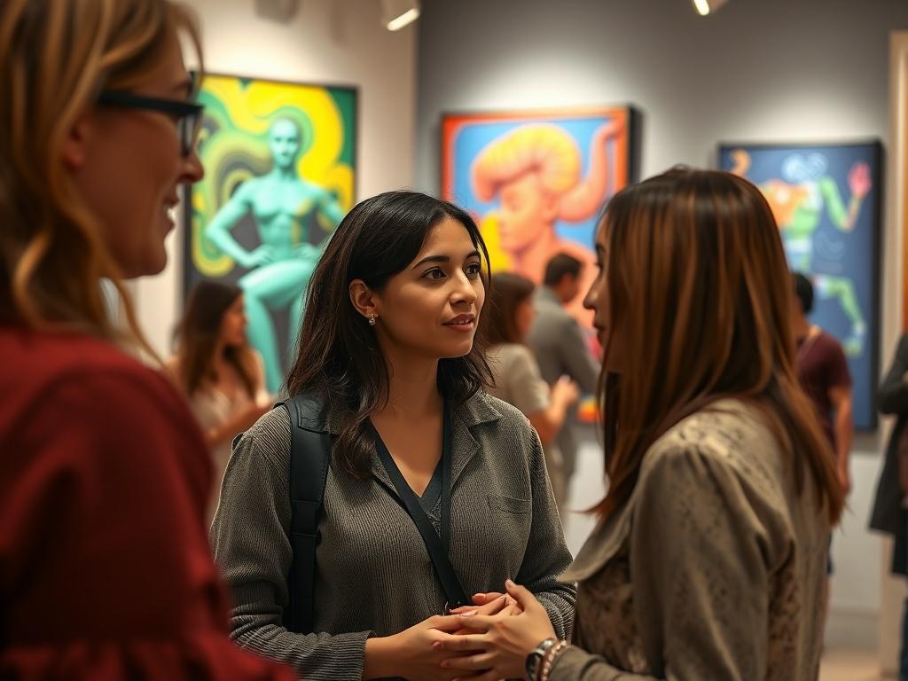 An inviting scene of an art gallery event featuring AI creators and collectors interacting. The image should capture a close-up of two individuals discussing artwork, with vibrant AI-generated pieces displayed in the background. The ambiance is warm and welcoming, showcasing art enthusiasts engaged in conversation, shot with a 45mm f/1.2 lens style.