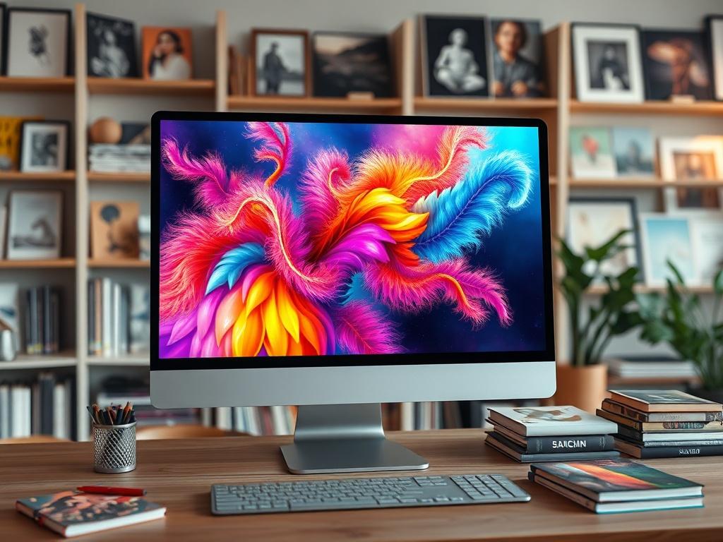 A beautifully arranged digital art publishing setup featuring a close-up of a sleek computer screen displaying vibrant AI-generated artwork. The background is a modern art studio with soft lighting, showcasing shelves filled with art books and prints. The focus is on the screen, highlighting the colors and details of the artwork, shot with a 45mm f/1.2 lens style.