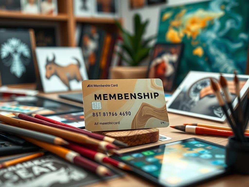 A captivating image of a membership card surrounded by elements representing art, such as brushes, digital tablets, and prints of AI-generated artworks. The focus should be on the card, showcasing its design, with a softly blurred background of an art studio. Shot with a 45mm f/1.2 lens style.