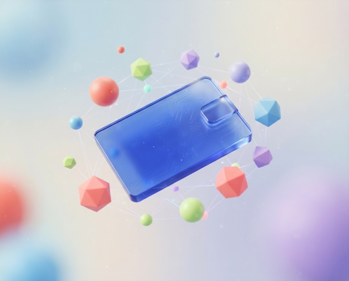 A colorful glass wallet surrounded by bright geometric shapes