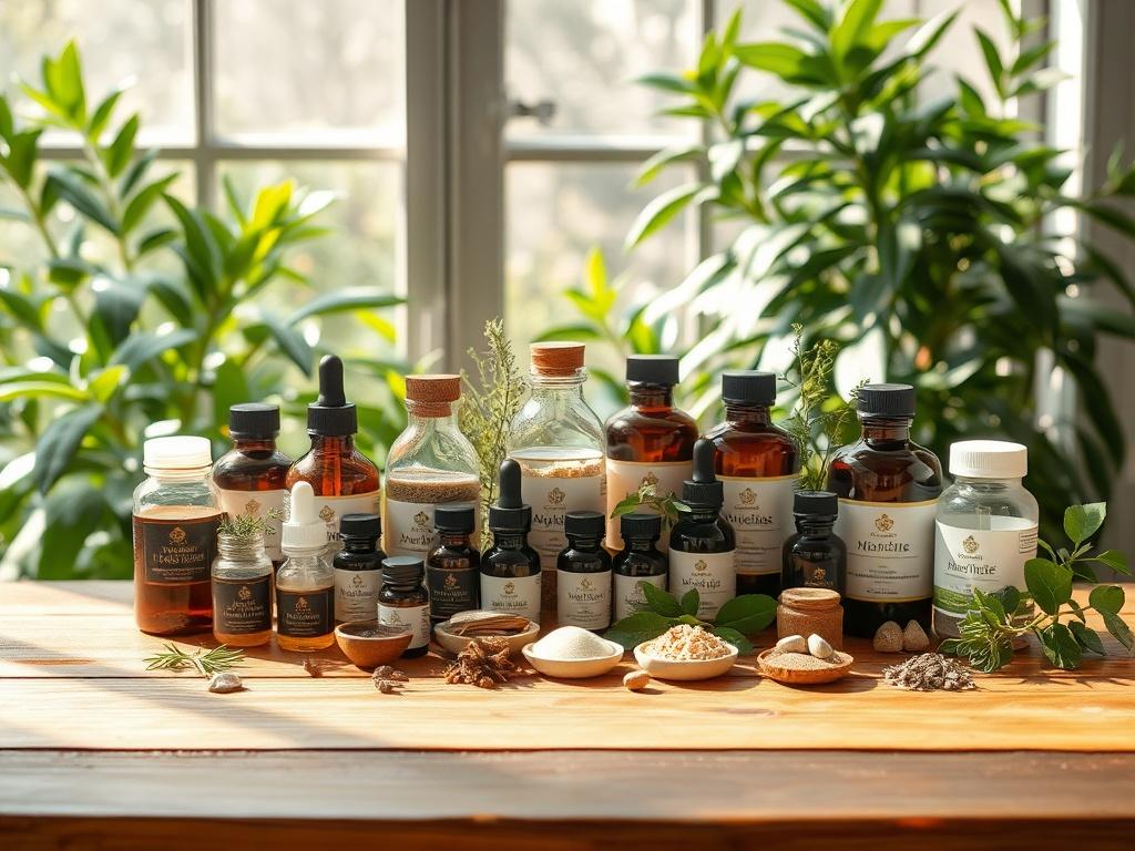 A serene setting with a wooden table displaying an array of Ayurvedic medicine bottles, herbs, and natural remedies. Soft sunlight filters through a window, casting gentle shadows. The background features lush greenery, enhancing the calm and healing atmosphere.