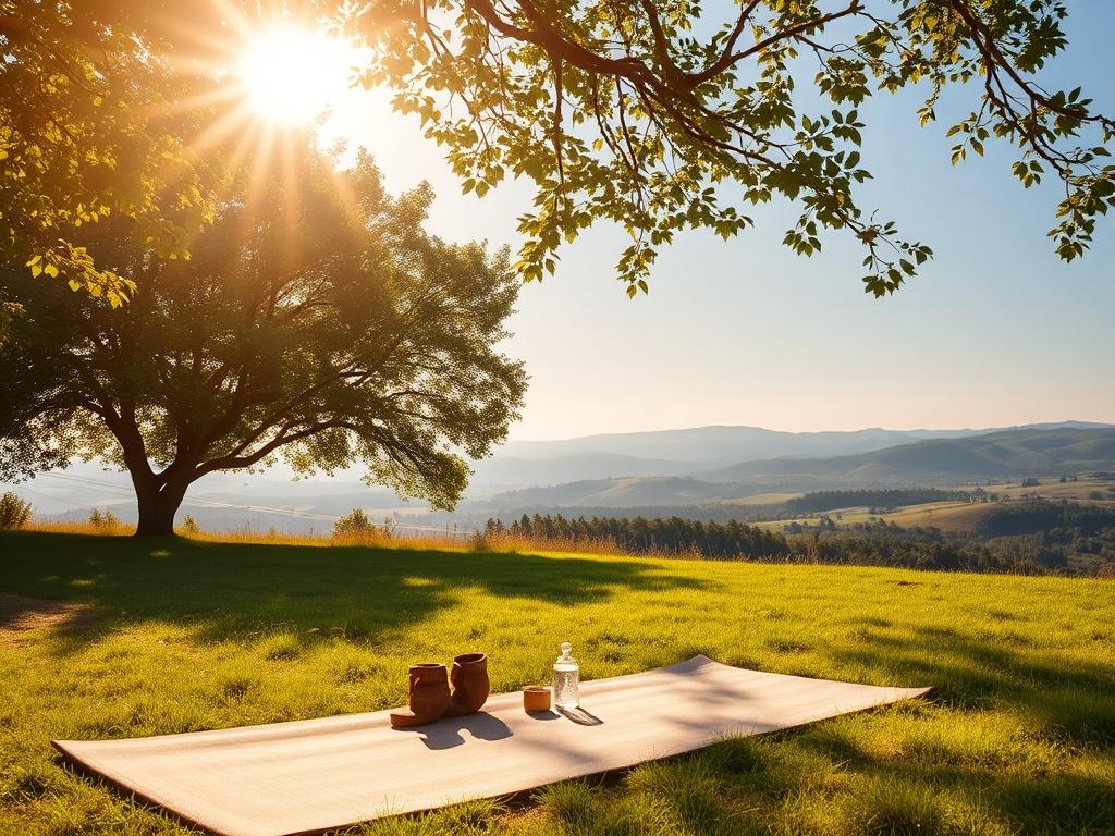 A serene image of a peaceful landscape during summer, featuring soft golden sunlight filtering through lush green trees. In the foreground, a tranquil space with a comfortable yoga mat laid out on the grass, inviting relaxation and meditation. The sun casts gentle rays, creating a warm atmosphere that embodies the essence of summer radiance. The background showcases an expansive view of nature, with gentle hills and a clear blue sky, emphasizing the harmony between the environment and the Ayurvedic lifestyl