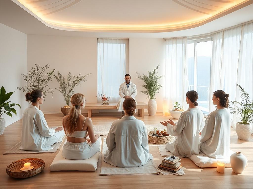 An elegant wellness space within the retreat, featuring participants engaged