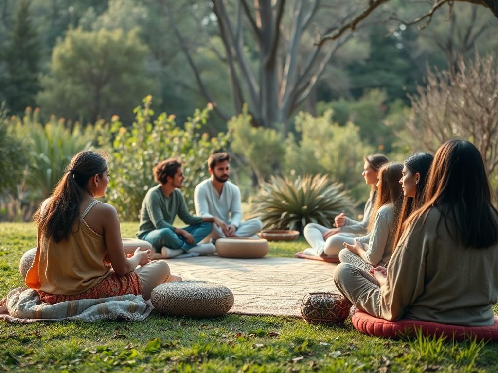 A cozy discussion circle with participants sitting on cushions, engaging