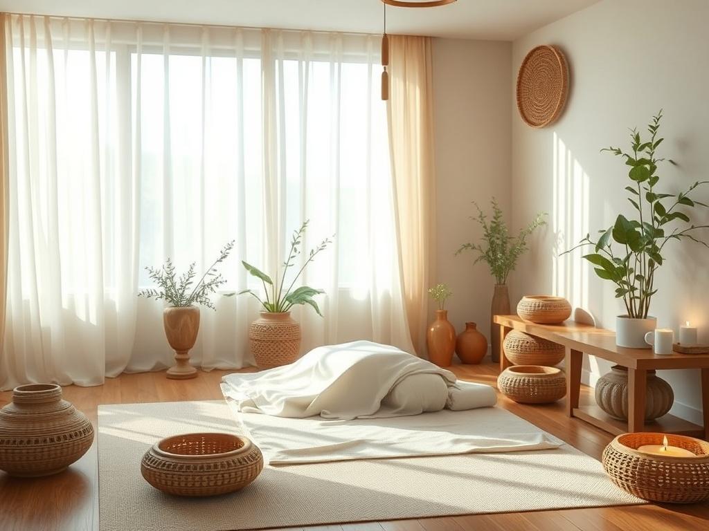 A tranquil scene of a healing room featuring an Ayurvedic