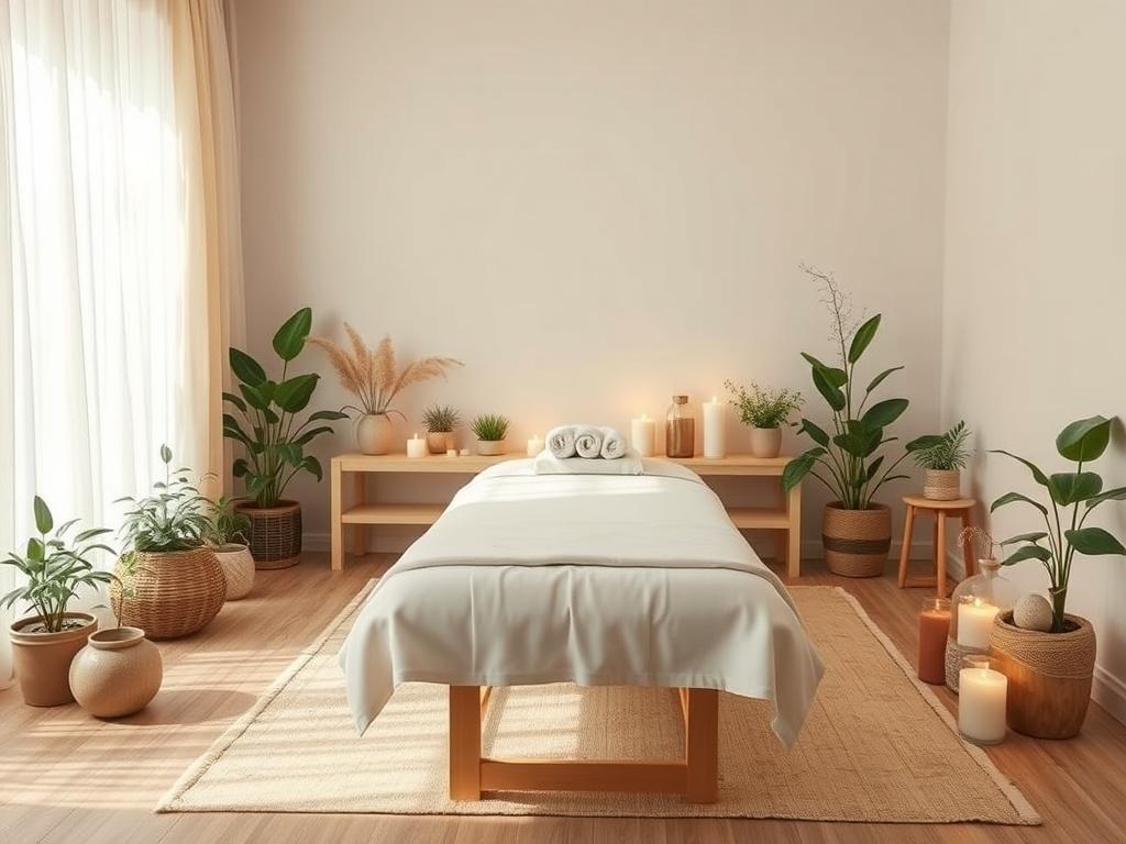 A serene and inviting therapy room with soft natural light filtering through sheer curtains. A comfortable massage table is set up with soft linens, surrounded by calming elements such as potted plants, candles, and Ayurvedic herbs. The atmosphere exudes tranquility, with gentle colors and a peaceful ambiance that reflects holistic healing.
