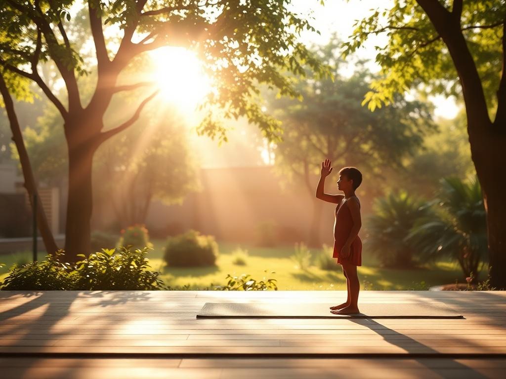 A serene early morning scene showcasing a sunlit space for yoga and meditation. The focus is on a peaceful figure practicing yoga on a mat surrounded by lush greenery. Gentle light filters through the trees, creating a calming atmosphere. The background features a peaceful garden setting with soft earth tones, enhancing the tranquil mood.