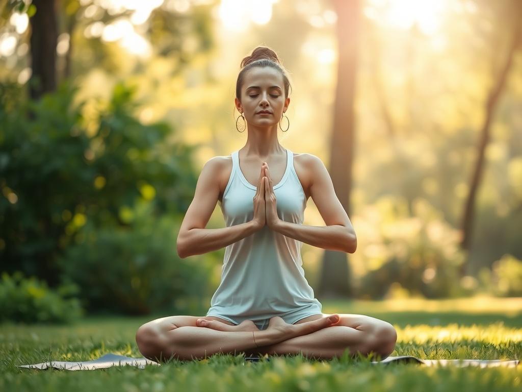 A serene scene of a calm individual practicing yoga outdoors, surrounded by lush greenery and gentle sunlight filtering through the trees. The person is in a meditative pose, embodying tranquility and connection with nature. The background is soft and blurred to emphasize the peaceful atmosphere, with warm off-white and soft sage green tones, reflecting a harmonious Ayurvedic lifestyle.