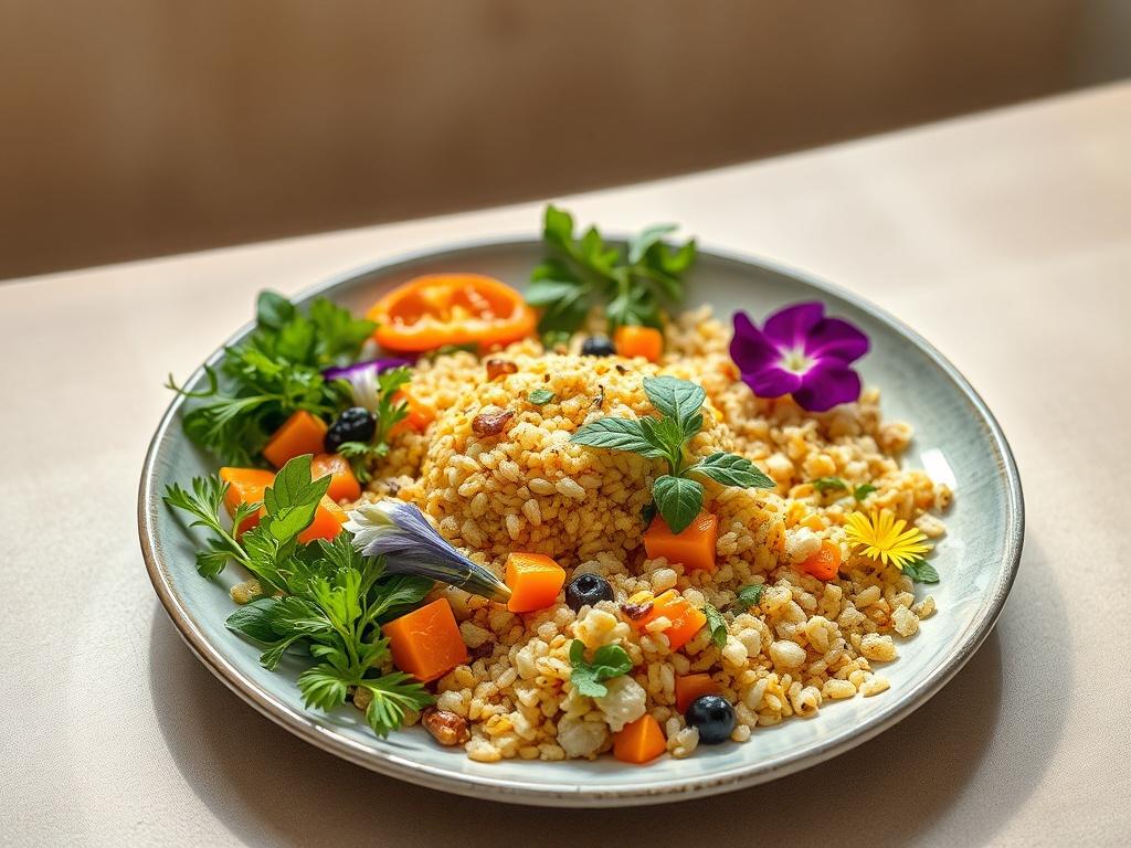A beautifully arranged plate of Sattvik Ayurvedic meals, featuring vibrant vegetables, grains, and herbs. The dish is garnished with fresh herbs and edible flowers, showcasing a variety of colors and textures. The setting is calm and serene, with soft natural lighting illuminating the meal, and a gentle, earthy background that enhances the peaceful atmosphere.
