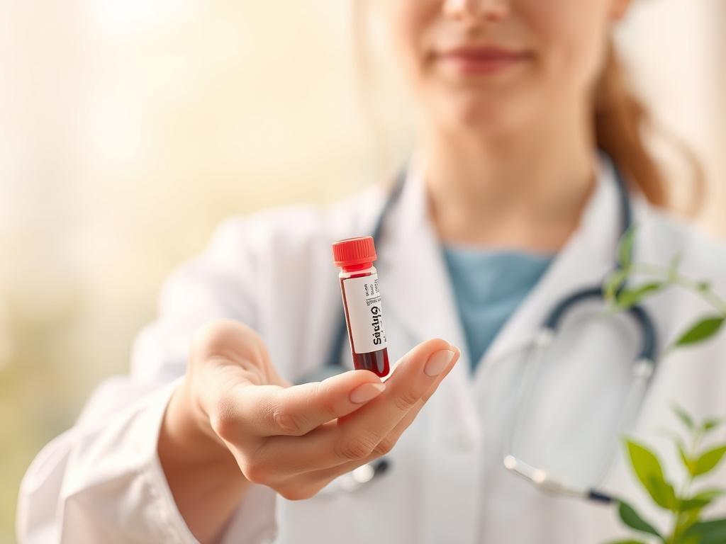 A calm and serene setting depicting a healthcare professional in a soft, natural environment. The professional is gently holding a vial of blood, symbolizing health assessment. The background features soft greenery and warm light, creating a peaceful atmosphere that conveys trust and wellness.