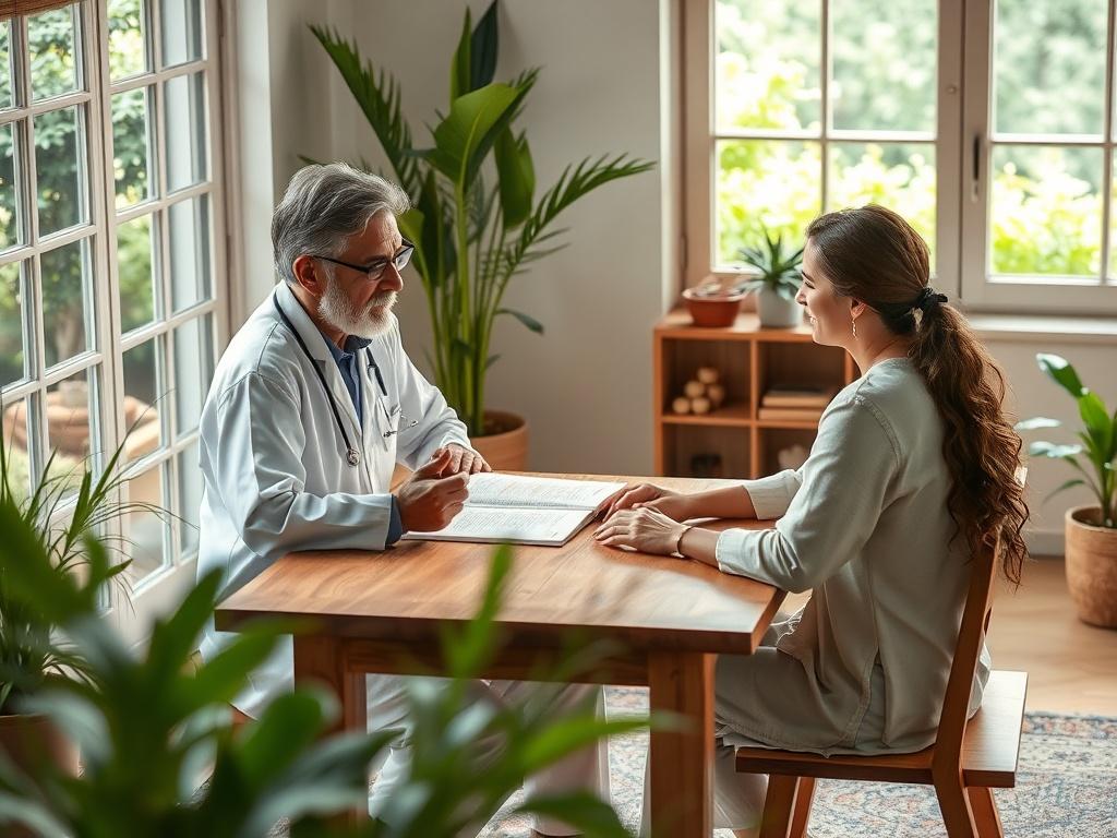 A serene setting depicting a one-on-one Ayurvedic consultation. A calm, experienced Ayurvedic physician is seated at a wooden table with a patient, sharing insights and recommendations. Soft natural light filters in through a window, highlighting lush greenery outside. The background features elements of nature, such as plants and gentle earth tones, creating a peaceful, grounding atmosphere.