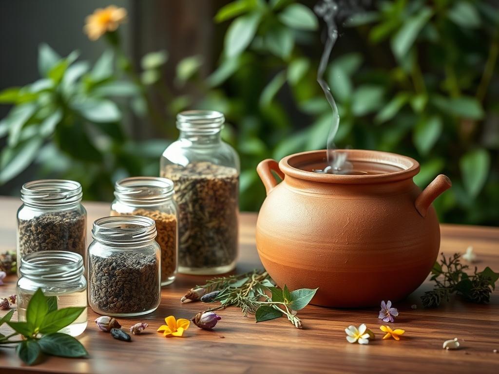 A serene, high-resolution image of a clay pot filled with naturally cooled, filtered water, placed on a wooden table. Surrounding the pot are a variety of colorful herbal tea blends in glass jars, with some herbs and flowers scattered around for a natural touch. Soft, gentle lighting enhances the calming atmosphere, with a blurred background of lush greenery to evoke a sense of tranquility and connection to nature.