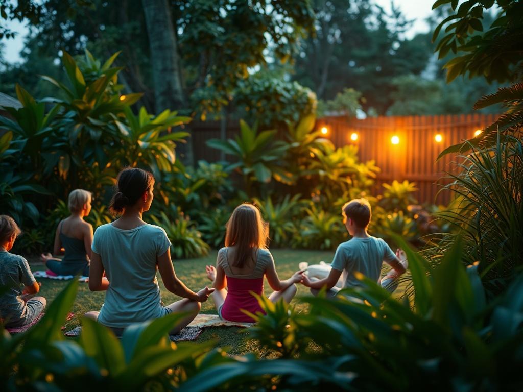 A serene evening scene in a lush green garden, featuring gentle lighting that creates a calming atmosphere. The focus is on a peaceful gathering of individuals practicing mindfulness and relaxation techniques, surrounded by vibrant plants and soft foliage. The setting conveys tranquility and connection with nature, with soft shadows and a warm glow adding to the peaceful ambiance.