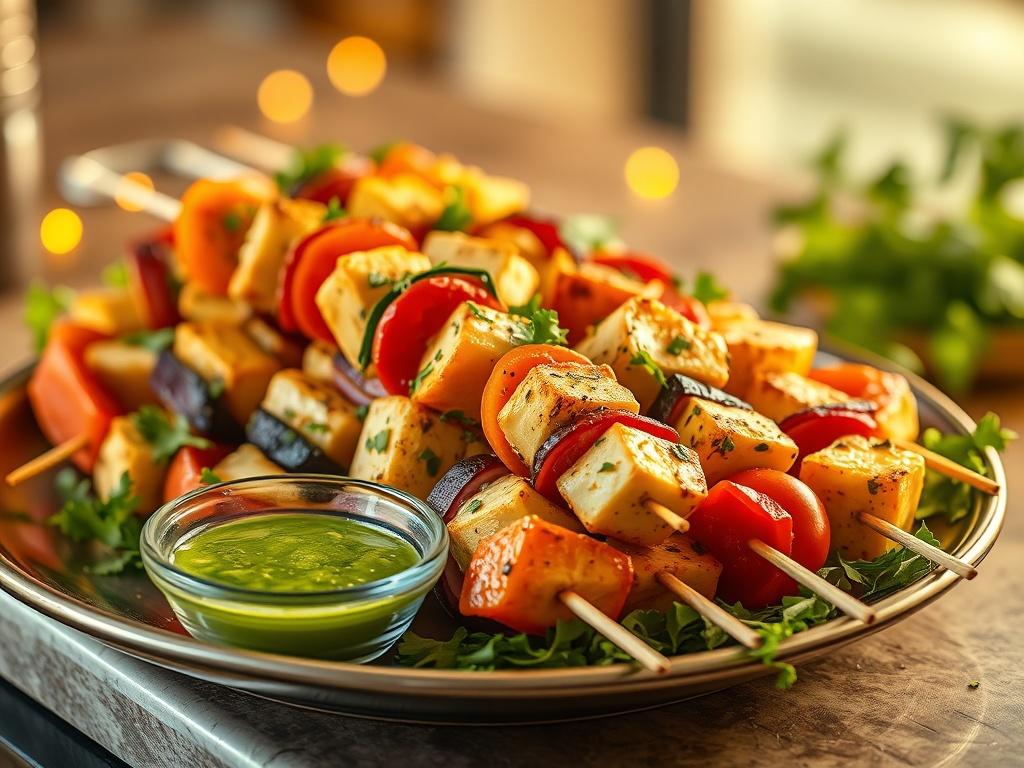 A close up of vibrant Paneer Tikka Skewers arranged on