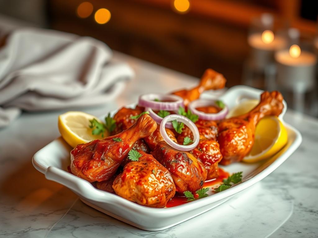 A beautifully plated Tandoori Chicken on a white ceramic dish,