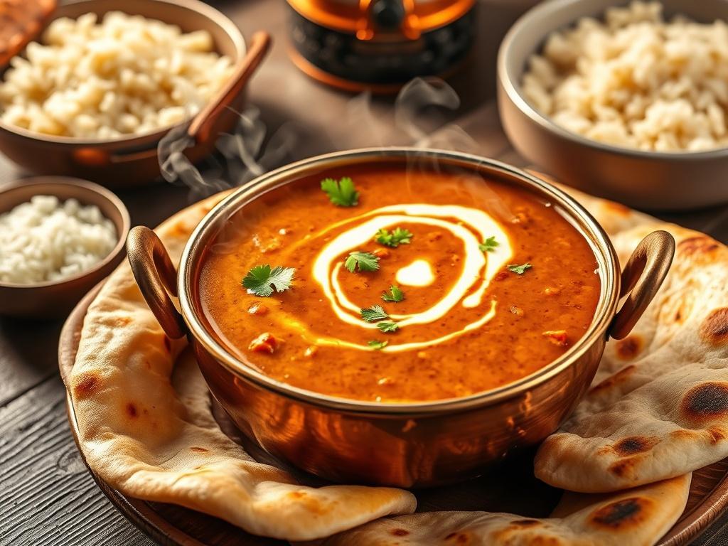 A steaming bowl of Dal Makhani presented in a traditional