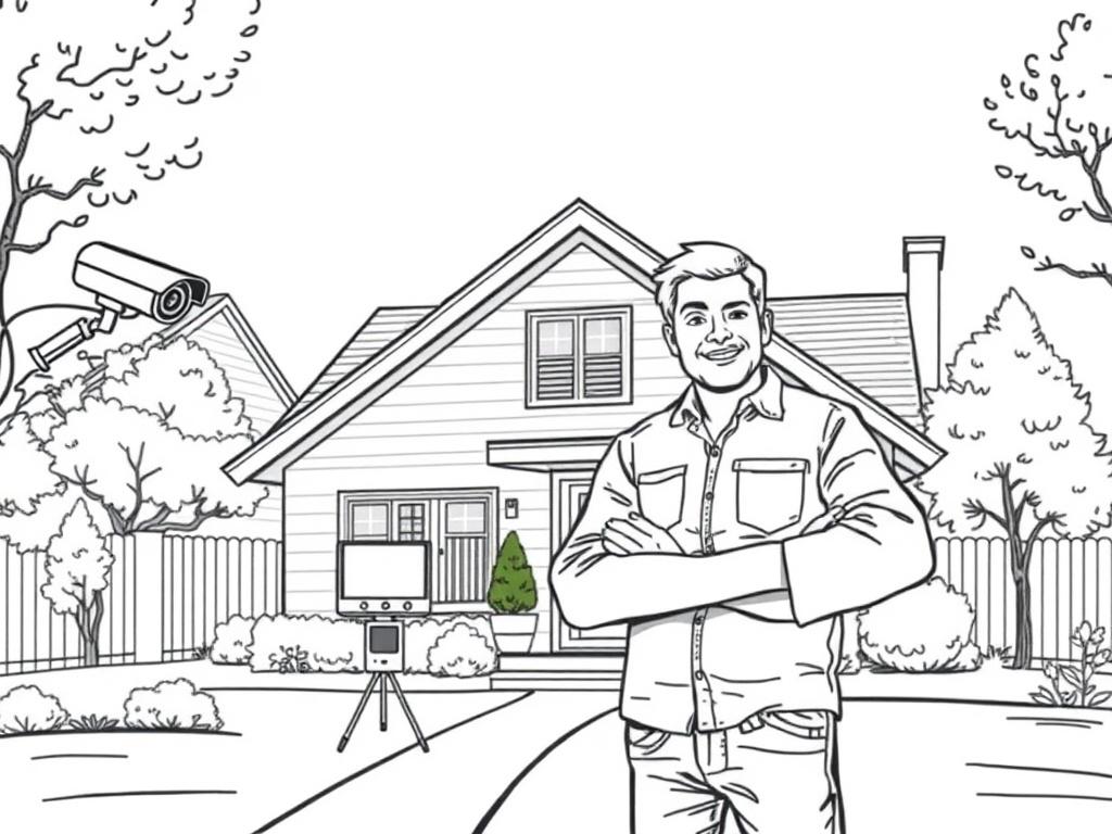 A high-quality illustration of a smiling homeowner standing confidently in front of their house, showcasing security cameras and a smart alarm system. The scene should convey a sense of safety and protection, with clear lines and solid black drawing style. The background should be a simple depiction of a suburban neighborhood, emphasizing a secure and peaceful living environment.