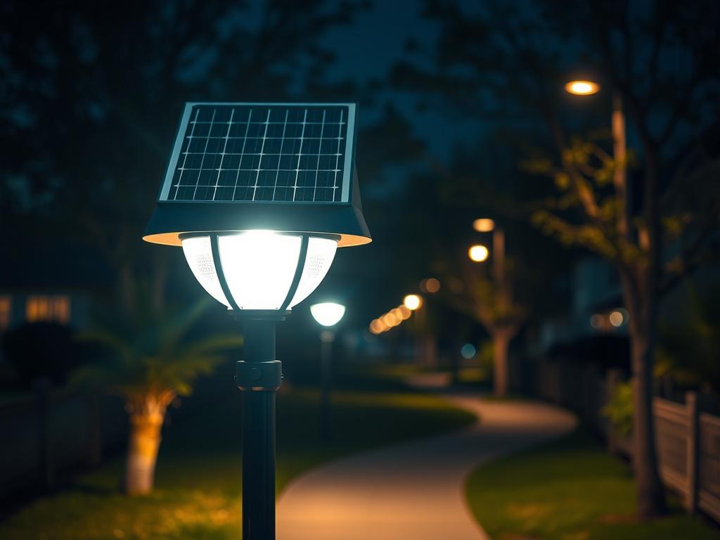 A close-up shot of a solar-powered streetlight illuminating a community pathway at night. The light should be bright and inviting, showcasing the solar panel on top. The background should feature a well-lit pathway with trees and houses in the distance, creating a warm and safe atmosphere. The image should reflect a sense of security and modern technology in a neighborhood setting.