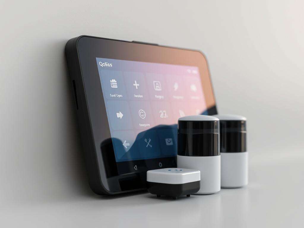 A hyper-realistic close-up shot of the Qolysis Control Panel with motion sensors, set against a neutral background. The control panel should be clearly visible, showcasing its sleek design and modern interface. The motion sensors should be arranged neatly beside the control panel, emphasizing their compactness and technological advancement. The color scheme should reflect the primary color rgb(155, 2, 2), giving the image a cohesive and professional look.