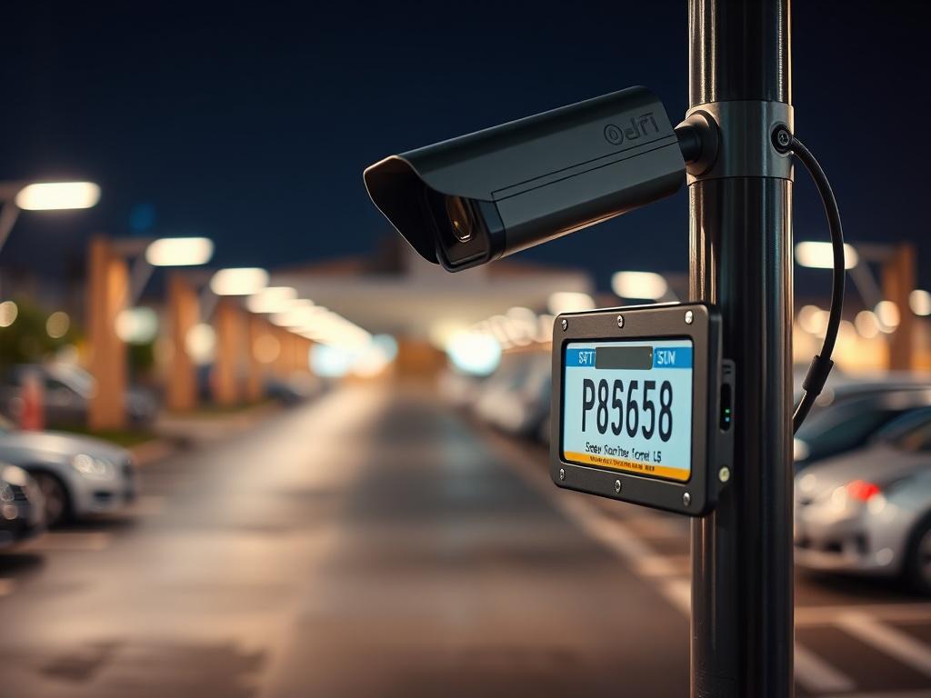 A realistic high-resolution close-up shot of a License Plate Reader camera mounted on a sleek pole. The camera is focused on a clear view of a vehicle's license plate in the foreground, with a blurred background of a well-lit parking lot. The scene should convey a sense of security and advanced technology, with a warm daylight setting.