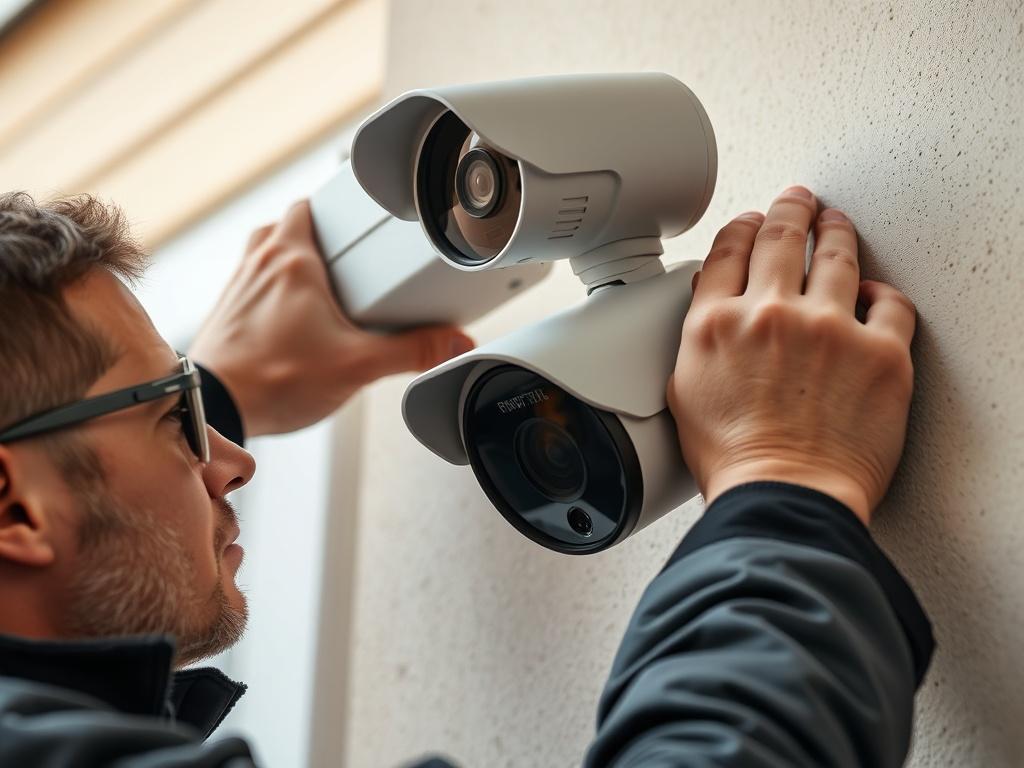 Capture a hyper-realistic close-up image of a technician installing a security camera on a wall, showcasing their expertise and attention to detail. The background should hint at a residential or commercial setting, emphasizing the importance of professional installation. The image should convey professionalism and trust.