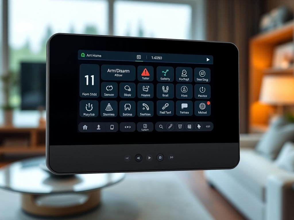 A close-up shot of a modern 2Gig Control Panel showcasing its sleek touchscreen interface. The panel displays various security features such as arm/disarm options, sensor status, and real-time alerts. The background is softly blurred to emphasize the panel, with a home setting that suggests a secure and high-tech environment. The image should capture intricate details, with a focus on the panel's buttons and display, rendered in hyper-realistic style.